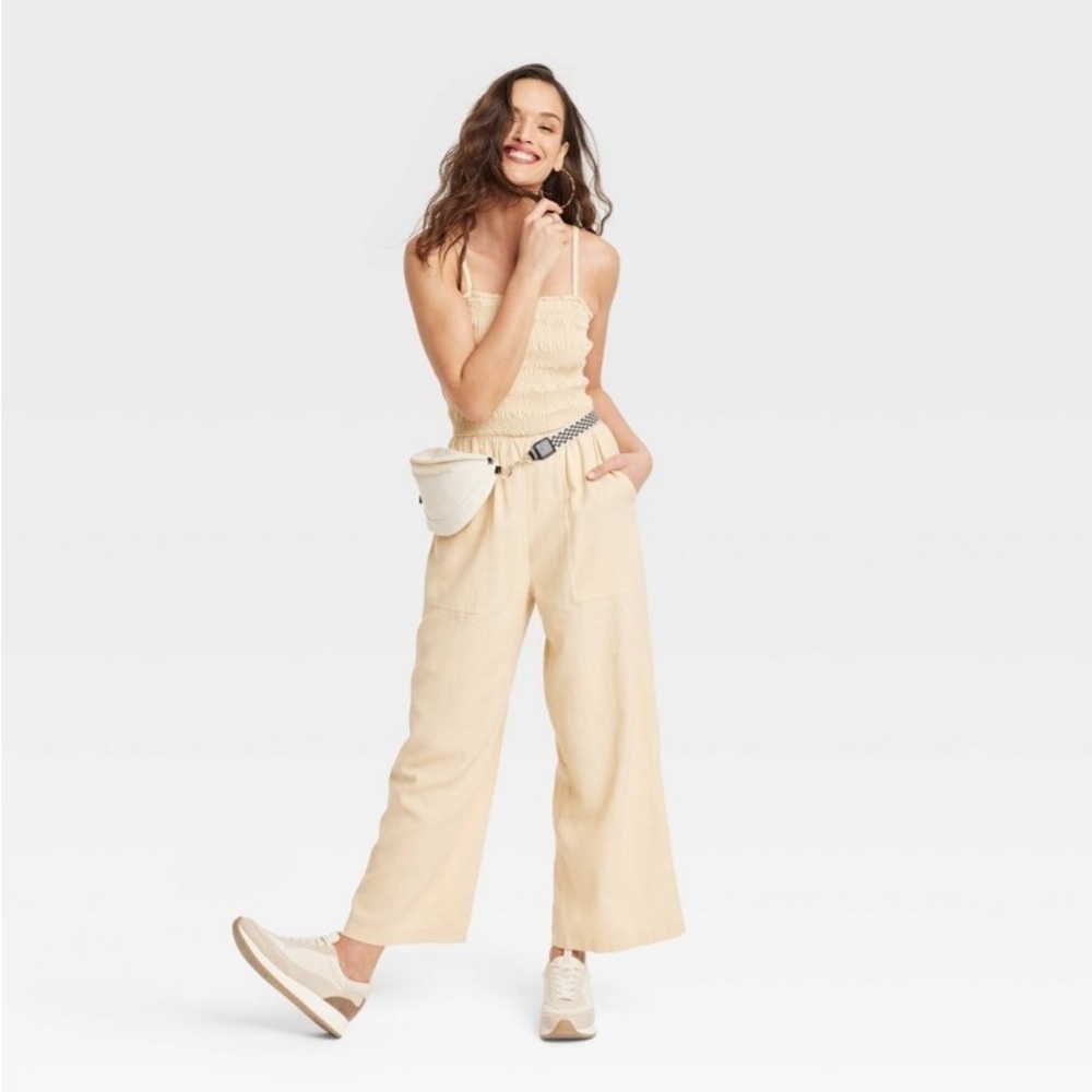 Women's Smocked Linen Maxi Jumpsuit - Universal Thread™ Tan new - Picture 1 of 5